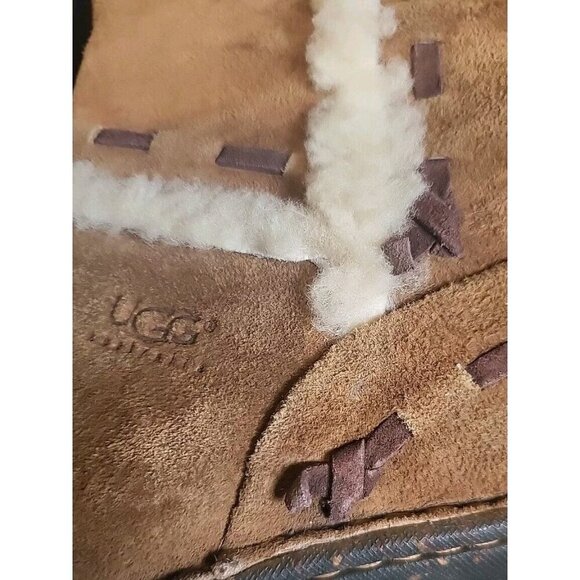 UGG Boots 8 Elijo Shearling Chestnut Brown Suede Cream 5674 Preowned Fast Ship - Picture 11 of 12